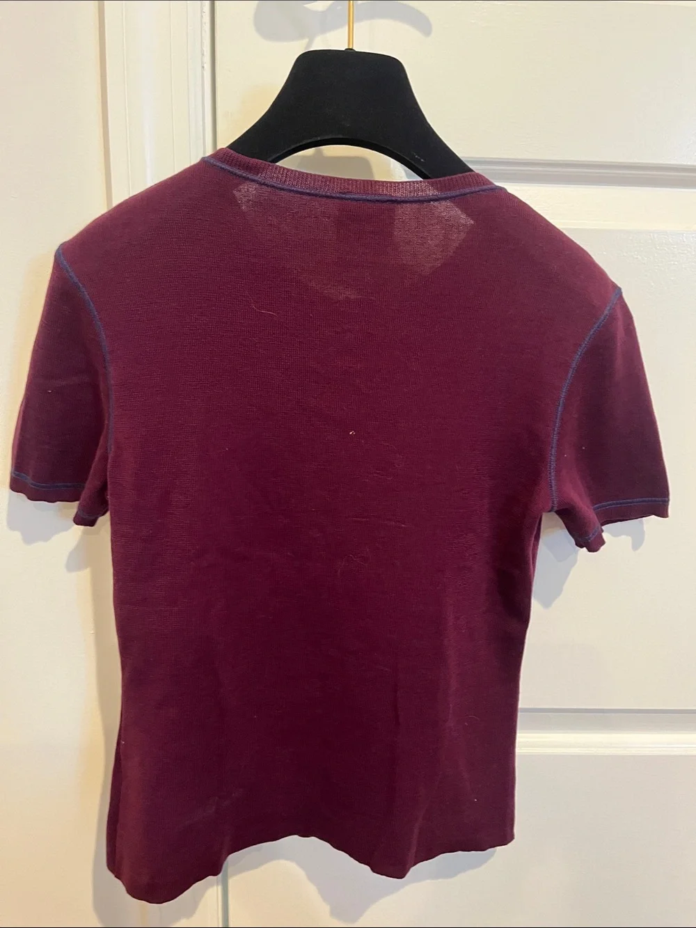 CHANEL Plum Short Sleeve Henley with Blue Contrast Stitching